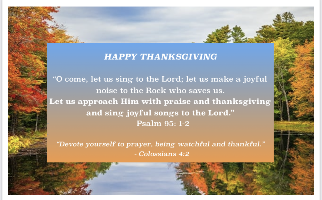 Thanksgiving message of hope on top of Fall image of trees surrounding a lake